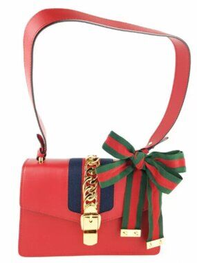 GUCCI "Small" (10") Red Leather Sylvie Shoulder Bag - Two Straps - EUC